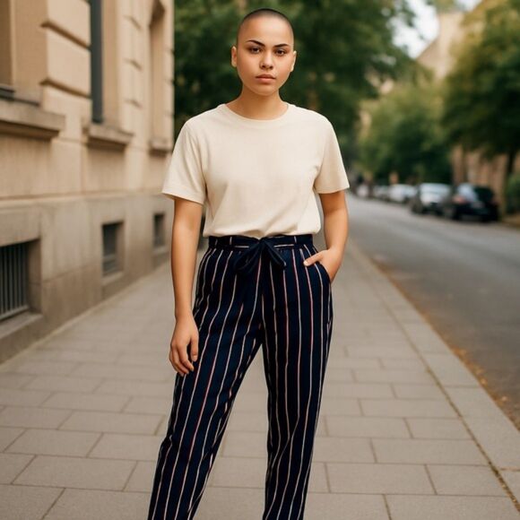Like an Angel Belted Tapered Palazzo Pant Striped Dark Midnight Combo L - Picture 1 of 3